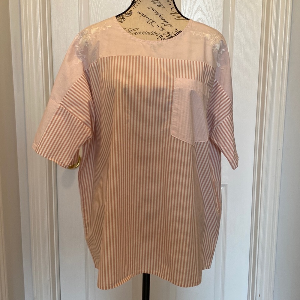 DKNY Ladies Cotton Striped Short Sleeve Top Peach/White XL EUC
